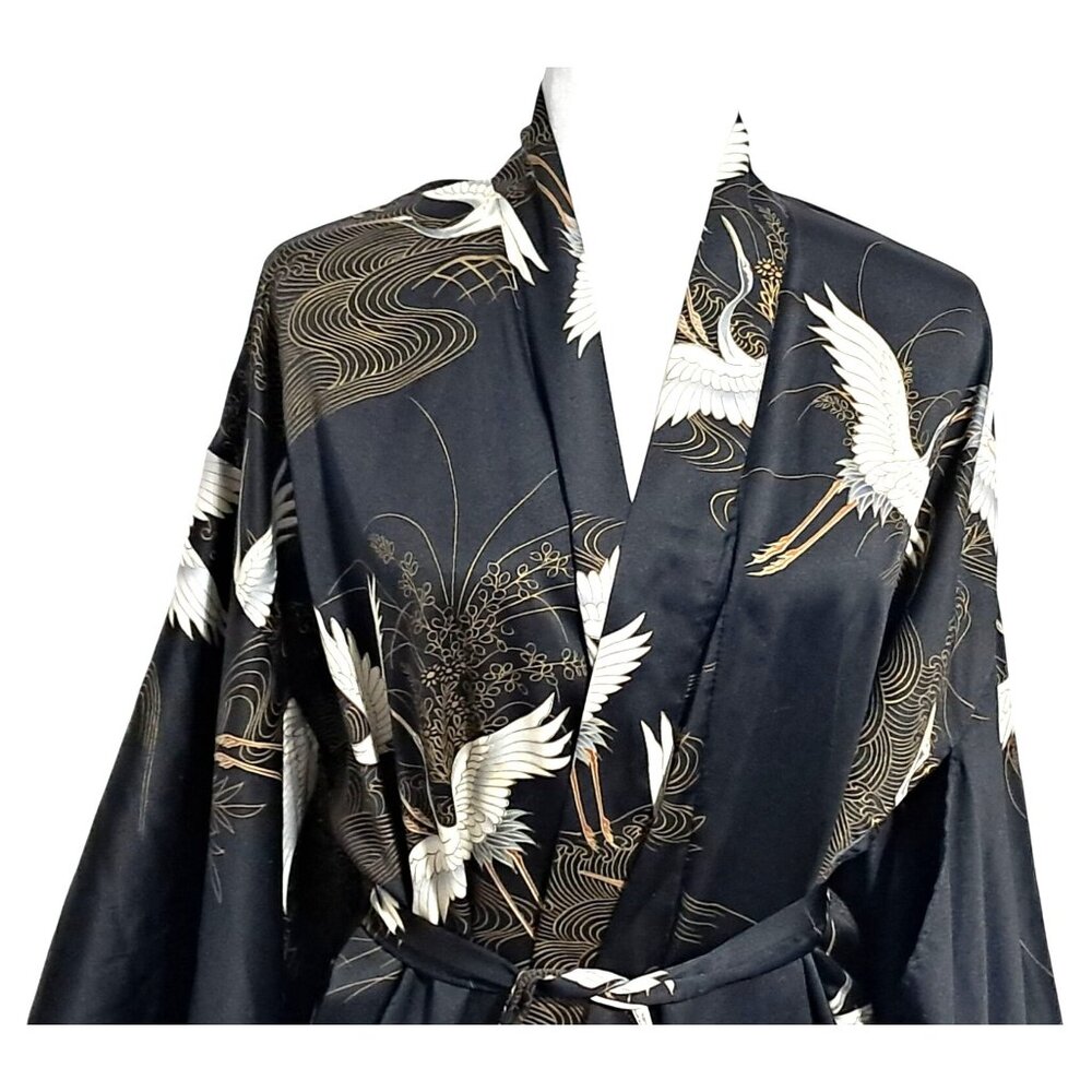 Vintage 70s Japanese Kimono Robe Black Satin Cranes Clouds Made in Japan Tag Rea - Picture 5 of 11